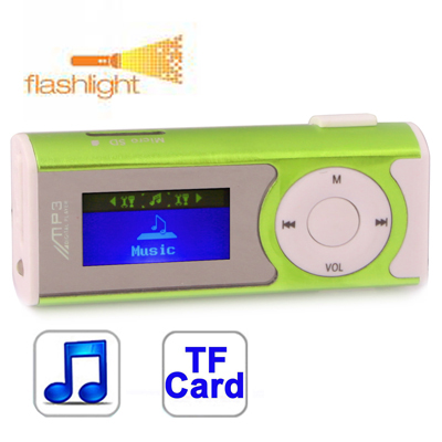 TF (Micro SD) Card Slot MP3 Player with LCD Screen, Speaker, Clip, Support Flashlight function (Light Green) - Click Image to Close